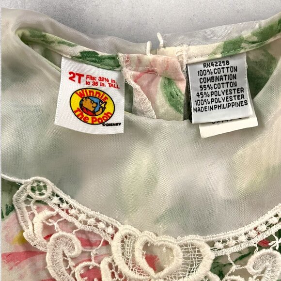 2T Girls Vintage Winnie the Pooh 80s Floral Spring Dress Lace Bib, Tiered Skirt - Picture 6 of 8